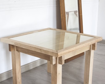 Living room coffee table in minimal style solid oak and crystal