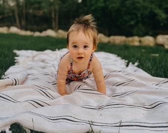 Cream & Black Stripe Throw Blanket | Handwoven Organic Turkish Cotton