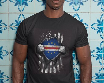 Cape Verdean Cabo Verde Tshirt- American Flag with Cape Verdean flag underneath