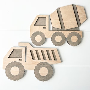 Wooden Construction Vehicles, Kids Truck Wall Hanging, Boys Room Decor, Digger Trucks