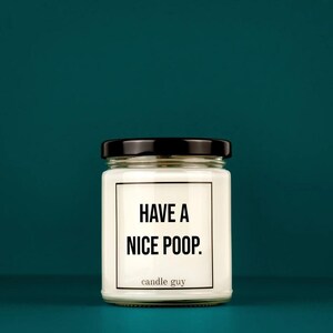May include: A glass jar candle with a black lid. The label reads "HAVE A NICE POOP." in bold black letters. The words "candle guy" are printed below the main text. The candle is set against a teal background.