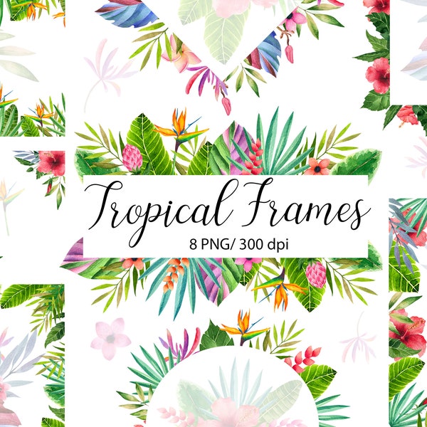 Tropical Clipart, Exotic Flowers, Leaf clipart, digital frame, instant download, hand drawn clip art PNG