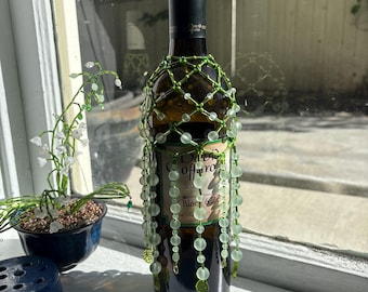 Handmade Beaded Wine Bottle Cover, Recycled Glass Bottle Included