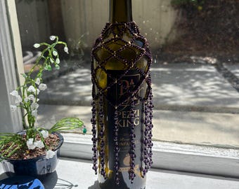 Hand Beaded Purple Wine Bottle Cover, Beaded Art Home Decor , Recycled Glass Bottle Included