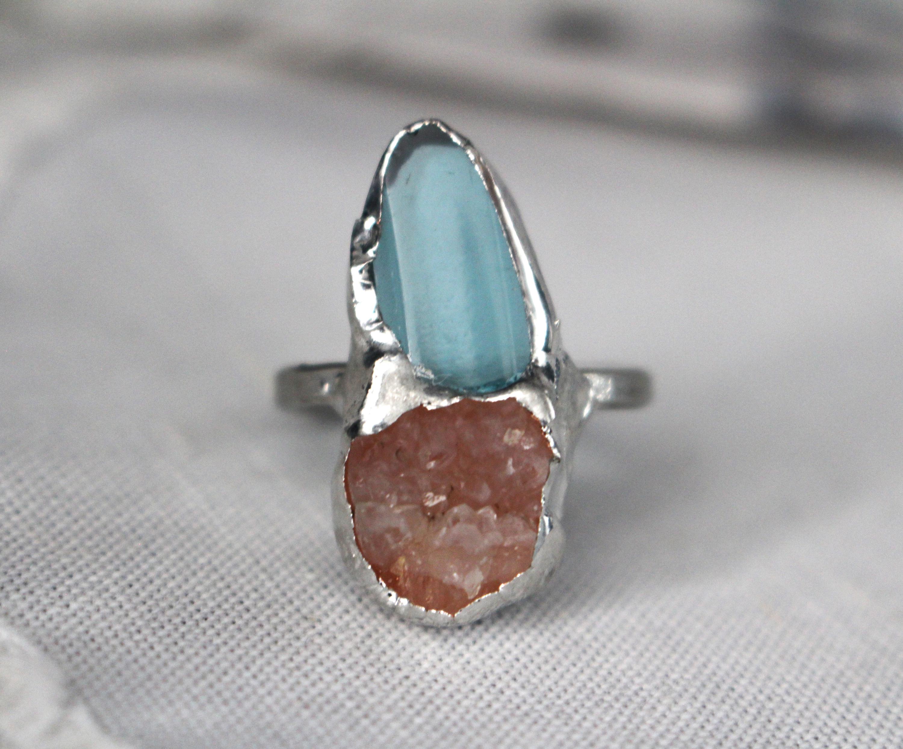 Ring Statement Ring Depression Era Sapphire Glass Druzy Quartz Soldered ...