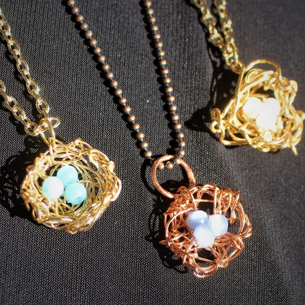 Wire Bird Nest with Eggs Pendant