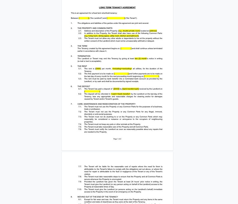 Tenancy Agreement Contract Template Long Term UK Landlords or Tenants