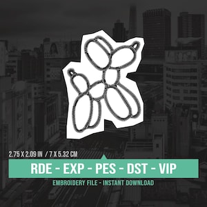 May include: Black and white embroidery design of a balloon animal dog. The design is 2.75 inches by 2.09 inches and is available in RDE, EXP, PES, DST, and VIP formats.