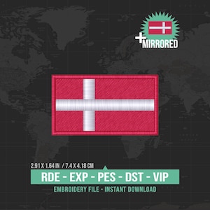 May include: A rectangular embroidered patch featuring the red and white flag of Denmark with a white cross on a red background. The text MIRRORED appears above, and the dimensions 2.91 x 1.64 IN are listed with file formats RDE, EXP, PES, DST, and VIP.