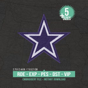 Puede incluir: Un diseño de bordado de estrella azul marino con un borde blanco. La imagen incluye el texto 5 SIZES, 2.75 X 2.44 IN / 7 X 6.21 CM, los formatos RDE, EXP, PES, DST, VIP y la frase EMBROIDERY FILE - INSTANT DOWNLOAD.