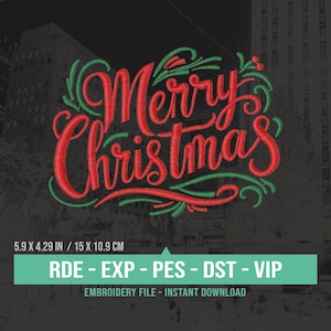 Puede incluir: Diseño de bordado rojo y verde del texto "Merry Christmas" con remolinos decorativos. El diseño mide 5,9 pulgadas por 4,29 pulgadas o 15 centímetros por 10,9 centímetros.