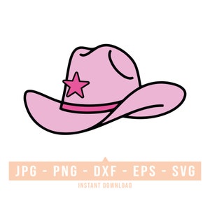 May include: Pink cowboy hat with a pink star on the front. The hat has a black outline.