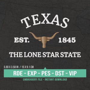 Peut inclure: Broderie blanche représentant "TEXAS EST. 1845 THE LONE STAR STATE" avec une silhouette de taureau longhorn brun. Le motif mesure 15 x 9,1 cm (5,90 x 3,58 pouces).
