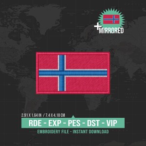 Pode incluir: Um emblema bordado retangular com a bandeira da Noruega, apresentando um fundo vermelho, uma cruz azul e bordas brancas. O design inclui o texto MIRRORED, 7,4 X 4,18 CM, e RDE - EXP - PES - DST - VIP EMBROIDERY FILE - INSTANT DOWNLOAD.