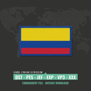 Colombia Flag Embroidery Design 6 Sizes | Colombian Machine Embroidery File with Mirrored Flag | Latin America Patch