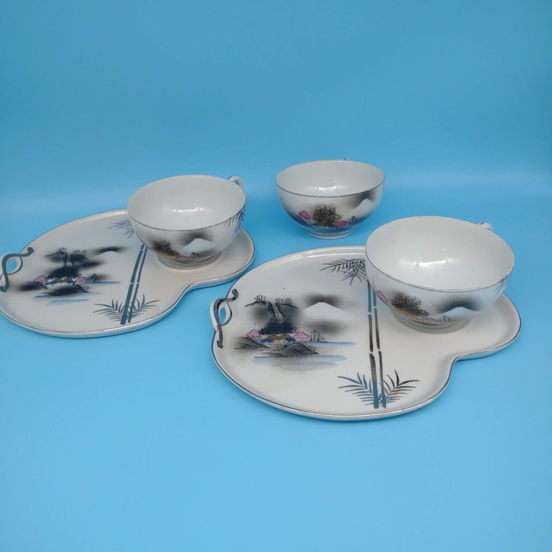 Nippon Meiyo Lithograph China, 2 Tea Cup and Snack Plate Set With Bonus