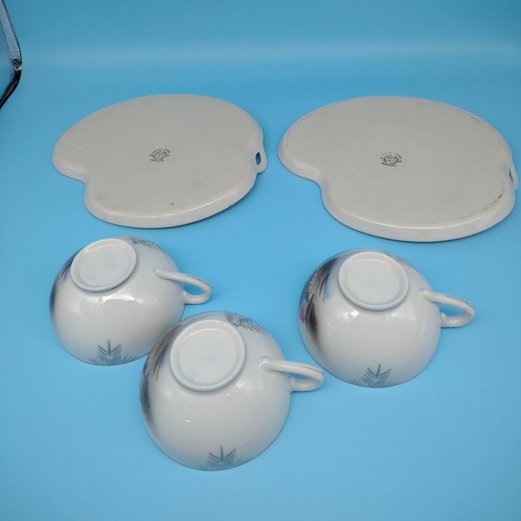 Nippon Meiyo Lithograph China, 2 Tea Cup and Snack Plate Set With Bonus