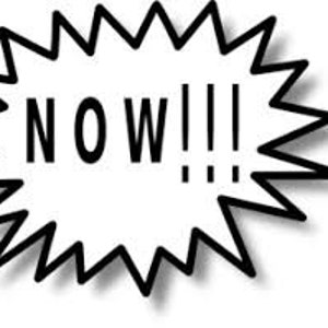 May include: A white speech bubble with a black outline and jagged edges. The word "NOW!!!" is written in black inside the bubble.