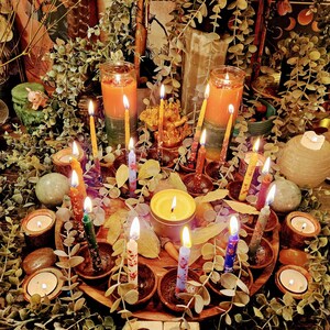 May include: A collection of lit candles in various sizes and colors, arranged on a wooden surface. Tall orange and green candles are in glass jars. Smaller candles are in wooden holders. The scene is decorated with greenery and small decorative objects.