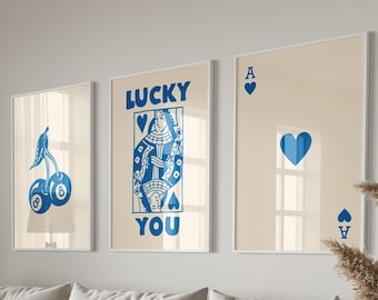 Trendy Retro Wall Art Set, Lucky You Poster, Trendy Aesthetic Print, Queen of Hearts Wall Art, Ace Card Print, Trendy Queen Funky Poster