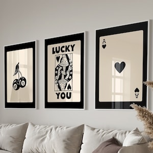 Trendy Retro Wall Art Set, Lucky You Poster, Trendy Aesthetic Print, Queen of Hearts Wall Art, Ace Card Print, Trendy Queen Funky Poster