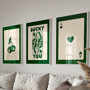 Trendy Retro Wall Art Set, Lucky You Poster, Trendy Aesthetic Print, Queen of Hearts Wall Art, Ace Card Print, Trendy Queen Funky Poster