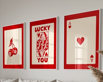 Trendy Retro Wall Art Set, Lucky You Poster, Trendy Aesthetic Print, Queen of Hearts Wall Art, Ace Card Print, Trendy Queen Funky Poster