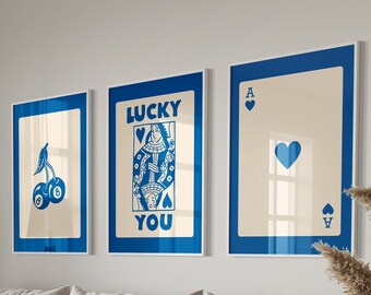 Ensemble d'art mural rétro tendance, affiche de la chance, impression esthétique tendance, art mural reine de coeur, impression carte As, affiche tendance reine funky