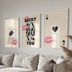 Trendiges Retro Wandkunst-Set, Lucky You Poster, trendiger ästhetischer Druck, Herzkönigin Wandkunst, Ace-Kartendruck, trendiges Queen Funky Poster
