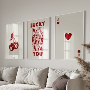 Modny zestaw sztuki ściennej retro, plakat Lucky You, modny estetyczny nadruk, sztuka ścienna Queen of Hearts, wydruk karty Ace, modny plakat Queen Funky