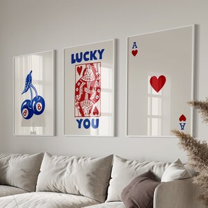 Trendy Retro Wall Art Set, Lucky You Poster, Trendy Aesthetic Print, Queen of Hearts Wall Art, Ace Card Print, Trendy Queen Funky Poster