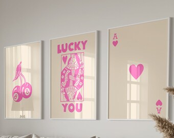 Trendy Retro Wall Art Set, Lucky You Poster, Trendy Aesthetic Print, Queen of Hearts Funky Wall Art, Ace Card Print, Poster Set in Pink