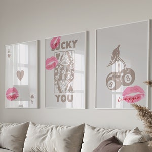 Trendiges Retro-Wandkunst-Set, Lucky You Poster, trendiger ästhetischer Druck, Herzkönigin Wandkunst, Ace-Kartendruck Trendy Queen Funky Poster Kiss