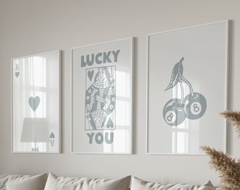 Trendy Retro Wall Art Set Lucky You Poster, Trendy Aesthetic Print, Queen of Hearts Wall Art, Ace Card Print, Queen Funky Poster Light Grey