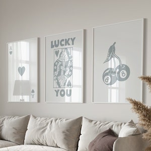Trendy Retro Wall Art Set Lucky You Poster, Trendy Aesthetic Print, Queen of Hearts Wall Art, Ace Card Print, Queen Funky Poster Light Grey