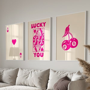 Trendy Retro Wandkunst Set Lucky You Poster, Trendy Ästhetischer Druck, Königin der Herzen Wandkunst, Ace Card Print, Trendy Queen Funky Poster Pink