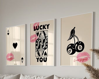 Trendy Retro Wall Art Set, Lucky You Poster, Trendy Aesthetic Print, Queen of Hearts Wall Art, Ace Card Print Trendy Queen Funky Poster Kiss