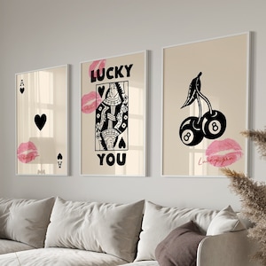 Trendiges Retro-Wandkunst-Set, Lucky You Poster, trendiger ästhetischer Druck, Herzkönigin Wandkunst, Ace-Kartendruck Trendy Queen Funky Poster Kiss