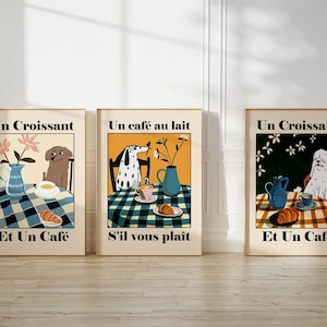 Set of 3, Un Croissant et un Café, French Cafe Croissant Print, Retro Drink Poster, French Bistro Decor,Un Café au Lait S&#39;il Vous Plaît