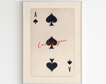Trendy Retro Wall Art Set, Lucky You Poster, Trendy Aesthetic Print, Queen of Hearts Wall Art, Ace Card Print, Trendy Queen Funky Poster