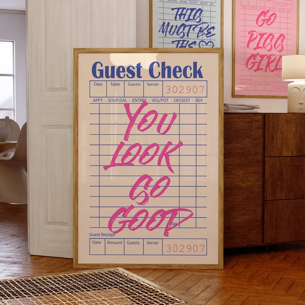 Trendy Retro Wall Art Print You Look So Good Guest Check Poster Aesthetic Bar Cart Decor Print Preppy Girly Wall Print Funky Poster, Digital