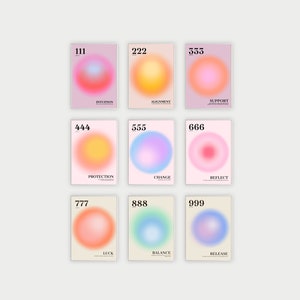 Angel Number Set of 9 Aura Posters Wall Art Spiritual Gradient Aura Energy Print Aesthetic Room Decor Trendy Wall Art Posters