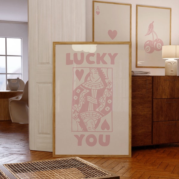 Trendy Retro Wall Art Set Lucky You Poster, Trendy Aesthetic Print, Queen of Hearts Wall Art, Ace Card Print, Trendy Queen Funky Light Pink