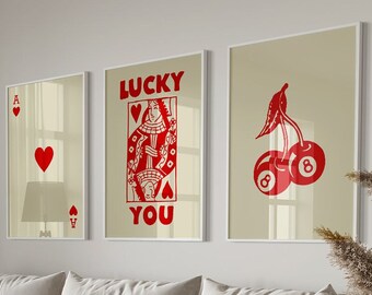 Trendy Retro Wall Art Set, Lucky You Poster, Trendy Aesthetic Print, Queen of Hearts Wall Art, Ace Card Print, Trendy Queen Funky Poster
