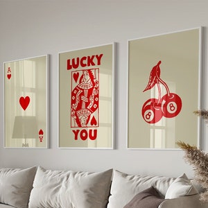 Trendy Retro Wandkunst Set, Lucky You Poster, Trendy Ästhetischer Druck, Königin der Herzen Wandkunst, Ace Card Print, Trendy Queen Funky Poster