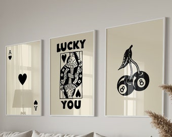 Trendy Retro Wall Art Set, Lucky You Poster, Trendy Aesthetic Print, Queen of Hearts Wall Art, Ace Card Print, Trendy Queen Funky Poster