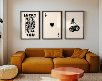Trendy Retro Wall Art Set, Queen of Hearts, Ace Card Print, Dopamine Decor, Funky Wall Art, Y2K Room Decor (Digital Download)