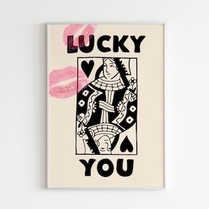 Trendy Retro Wall Art Set, Lucky You Poster, Trendy Aesthetic Print, Queen of Hearts Wall Art, Ace Card Print, Trendy Queen Funky Poster