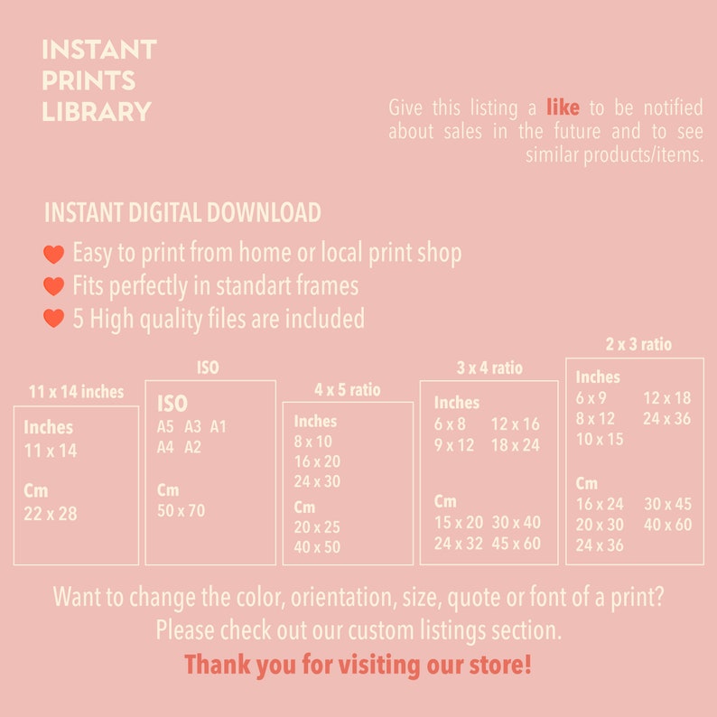 Puede incluir: Un gr&aacute;fico que muestra diferentes tama&ntilde;os de impresi&oacute;n en pulgadas y cent&iacute;metros para descargas digitales. El gr&aacute;fico incluye las proporciones ISO, 2x3, 3x4 y 4x5. El texto "INSTANT DIGITAL DOWNLOAD" est&aacute; en la parte superior del gr&aacute;fico. El texto "F&aacute;cil de imprimir desde casa o una tienda de impresi&oacute;n local" est&aacute; debajo del t&iacute;tulo del gr&aacute;fico. El texto "Se adapta perfectamente a los marcos est&aacute;ndar" est&aacute; debajo de la primera l&iacute;nea de texto. El texto "Se incluyen 5 archivos de alta calidad" est&aacute; debajo de la segunda l&iacute;nea de texto. El texto "&iquest;Quiere cambiar el color, la orientaci&oacute;n, el tama&ntilde;o, la cita o la fuente de una impresi&oacute;n? Consulte nuestra secci&oacute;n de listados personalizados." est&aacute; debajo del gr&aacute;fico. El texto "&iexcl;Gracias por visitar nuestra tienda!" est&aacute; en la parte inferior del gr&aacute;fico.