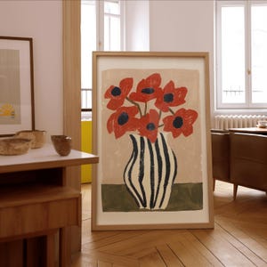 Modern Red Poppies Striped Vase Digital Download Printable Botanical Wall Art Minimalist Boho Decor Instant Download for Living Room Office